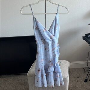 Papaya Light Blue Floral Ruffle Wrap Mini Dress